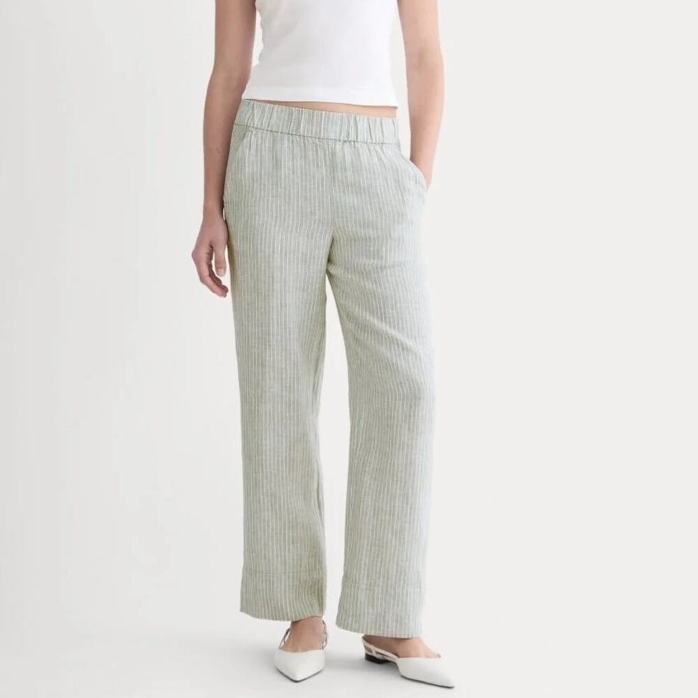 Everlane The Linen Easy Pant Oil Green Stripe Size Small NWT